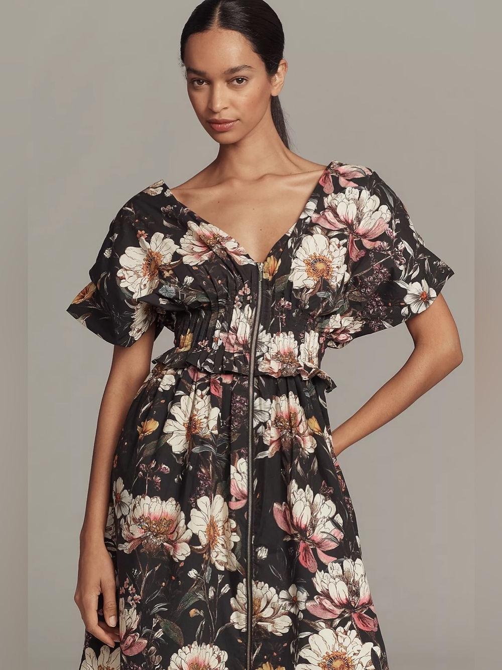 By Anthropologie V-Neck Zip-Front Midi Dress Size SP - Picture 3 of 11